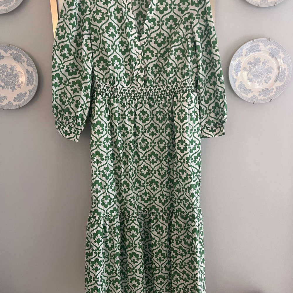 Boden Green and White Long Sleeve Dress